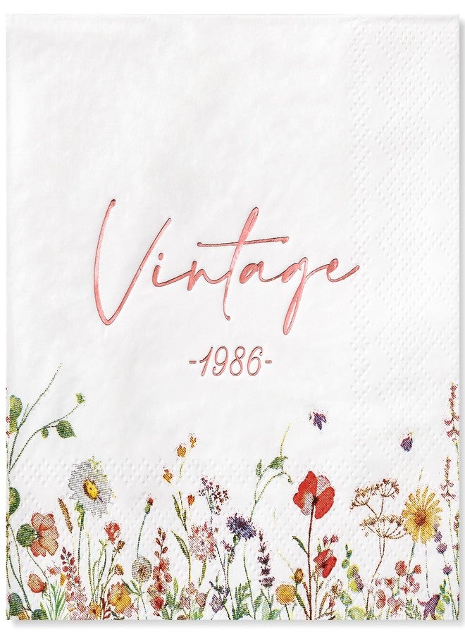 Crisky Floral 40th Birthday Napkins for Women 40th Birthday Decorations, 50 Pcs Vintage 1986 40 Years Old Disposable Napkins for Cake Dessert Beverage Table Bday Party Supplies, 3-Ply - Image 1